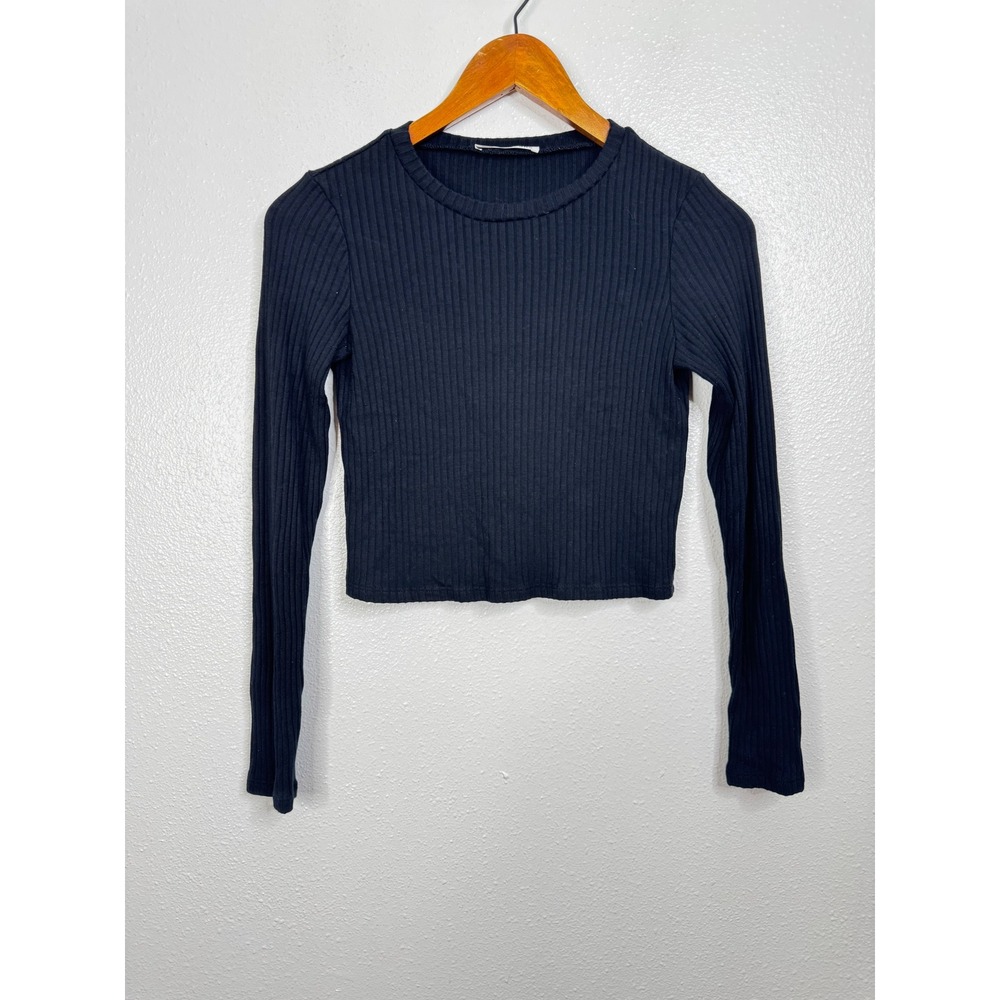 Reformation Jeans Black Ribbed Long Sleeve Cropped Shirt Size Xsmall